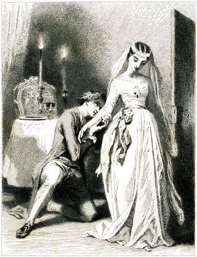 Mum ışığında bir iç mekanda güzel nişanlısının ayaklarına kapanmış iç çeken aşık - romantik elbiseli ve saç modelli kız - Tony Johannot (Antoine Johannot dit) tarafından gravür (gravür 1845) by Tony Johannot