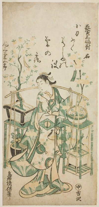Aktör Onoe Kikugoro I, "Çiçek Satıcısı Üç Parçası (Hanauri sanpukutsui)"nin sağ sayfası by Torii Kiyomasu II