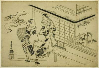 Aktörler Nakamura Takesaburo I, Kewaizaka no Shosho olarak ve Ichikawa Danjuro II, "Bando Ichi Kotobuki Soga" oyununda Soga no Goro olarak, Nakamura Tiyatrosu