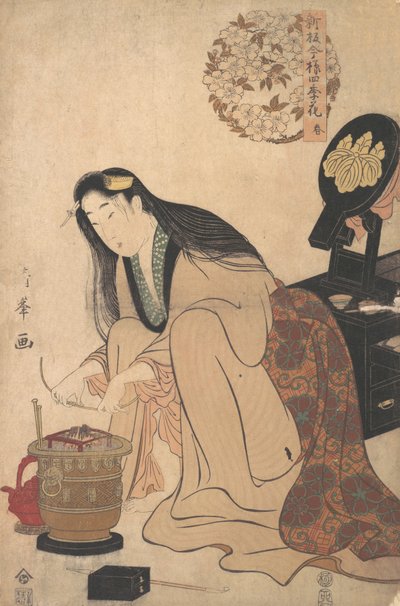 Saçlarını Takmak İçin Tapınakların Üzerindeki Saçlara Binsashi Desteği Düzenleyen Bayan, ca..., ca. 1808. by Torii Kiyomine