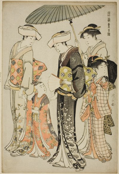Bir Kız ve Dört Hizmetkar, "Doğu Davranışlarının Brocade'i (Fuzoku Azuma no nishiki)" dizisinden by Torii Kiyonaga