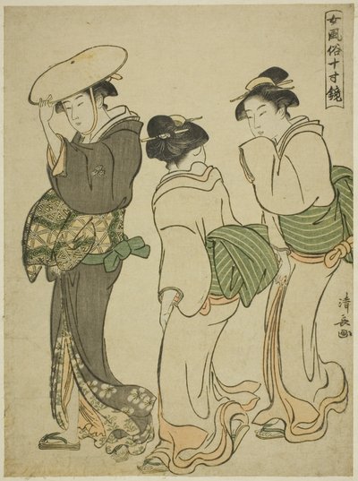 Bir Kadın ve İki Hizmetçi, "Kadınsı Davranışların Aynası (Onna fuzoku masu kagami)" dizisinden by Torii Kiyonaga