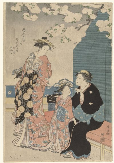 Kiraz çiçeği altında iki görevli ile fahişe by Torii Kiyonaga