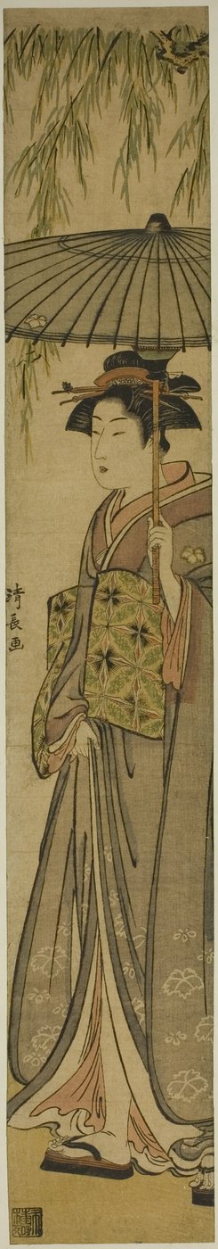 Söğüt Ağacının Altında Şemsiye Taşıyan Geyşa by Torii Kiyonaga