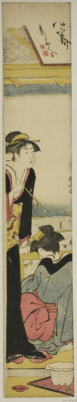 Körfeze bakan bir balkonda geyşa ve hizmetçi by Torii Kiyonaga
