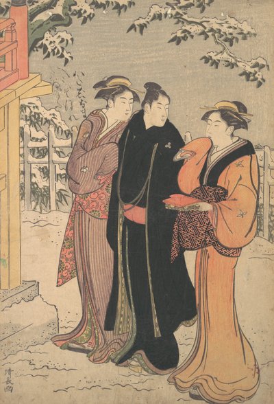 Siyah Haori Paltolu Adam ve Tapınağa Yaklaşan İki Kadın. by Torii Kiyonaga