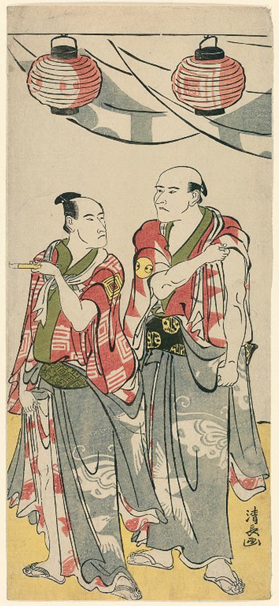 Aktörler Arashi Ryuzo II ve Ichikawa Komazo III, Soga kardeşlerin türbesinin festivalini kutlayan on bir aktörden oluşan bir beşli parçadan by Torii Kiyonaga