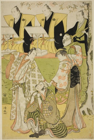 Aktörler Ichikawa Monnosuke II Munesada olarak, Segawa Kikunojo III fahişe Sumizome olarak ve Nakamura Nakazo I Sekibei olarak, "Tsumoru Koi Yuki no Seki no To" oyununda Kiri Tiyatrosu