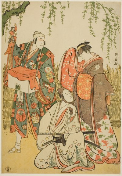 Aktörler Shiragiku olarak Ichikawa Yaozo III, kuklacı Dekurokubei olarak Ichikawa Danjuro V ve Soga no Juro olarak Sawamura Sojuro III, joruri "Shinobukoi Yanagi no Katsura Otoko"da Nakamura Tiyatrosu