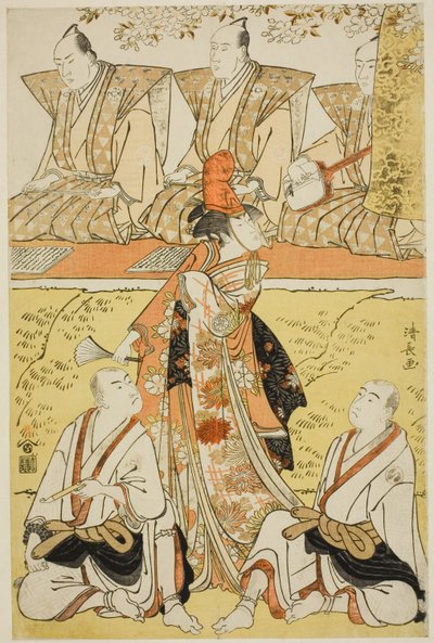 Aktörler Segawa Kikunojo III Koito olarak, Sawamura Sojuro III keşiş Sainenbo olarak ve Ichikawa Monnosuke II keşiş Renseibo olarak, "Mata Saku Hana Museume Dojoji" shosa