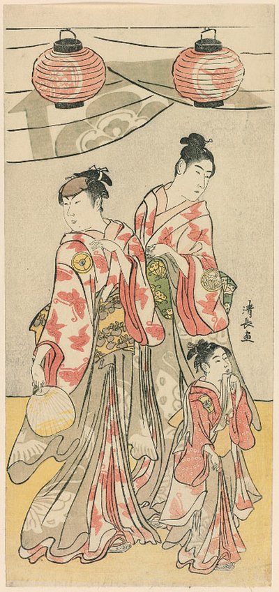 Soga kardeşlerin tapınağının festivalini kutlayan on bir aktörden oluşan beşli bir parçadan Aktörler Yamashita Mangiku, Iwai Hanshiro IV ve Iwai Kumesaburo by Torii Kiyonaga