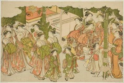 Yeni Yılın İlk Giysileri (Kiso hajime), "Üçlü Şafağın Renkleri (Saishiki mitsu no asa)" adlı resimli kitaptan by Torii Kiyonaga