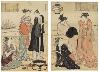 Güney Mahallesinde On İki Ay (Minami jūni kō) dizisinden Altıncı Ay, Çayevinde Akşam Serinliğinin Keyfini Çıkarmak by Torii Kiyonaga