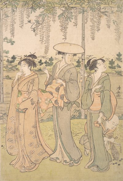 Bir Derenin Kıyısında Bir Wisteria Çardak Altında Üç Kadın ve Bir Küçük Oğlan, yaklaşık. 1790. by Torii Kiyonaga
