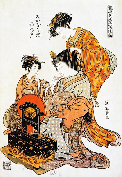 Aynanın önünde saçını tararken kadın, Torii Kiyonaga
