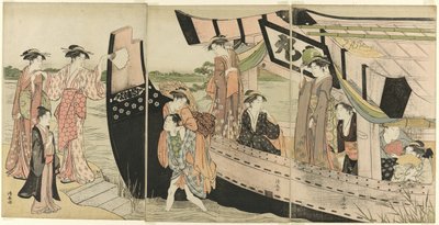 Sumida Nehri Üzerinde Bir Gezi Teknesinden Karaya Gelen Kadınlar by Torii Kiyonaga