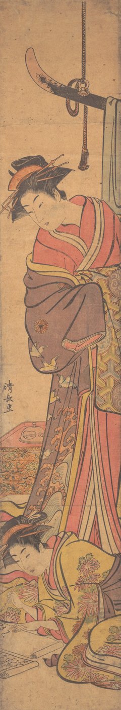 Bir Mektup Yazan Bir Başkasının Omzunun Üzerinden Bakan Genç Kadın. by Torii Kiyonaga