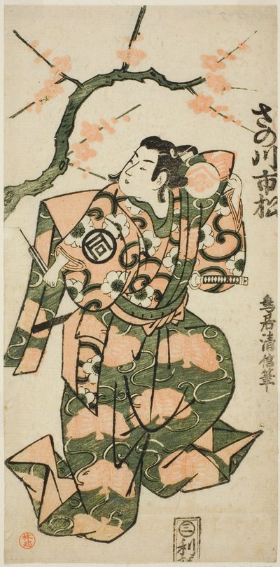 Aktör Sanogawa Ichimatsu I, "Monzukushi Nagoya Soga" oyununda Soga no Goro olarak, Ichimura Tiyatrosu