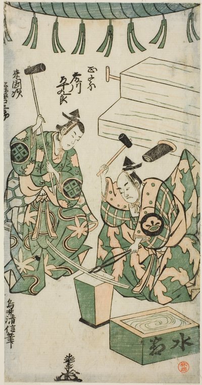 Aktörler Fujikawa Heikuro Masamune rolünde ve Matsushima Kichisaburo Rai Kunitsugu rolünde "Shin Usuyuki Monogatari" oyununda Nakamura Tiyatrosu'nda altıncı ayda sahnelendi, 1746 by Torii Kiyonobu II