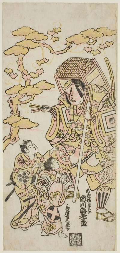 Aktörler Ichikawa Ebizo II, Musashibo Benkei, Sakata Shintaro (?) As Soga no Goro ve Takigawa Kinya (?) "Sazareishi Suehiro Genji" oyununda Soga no Juro olarak, 1744'ün ilk ayında Nakamura Tiyatrosu'nda sahne aldı. by Torii Kiyonobu II
