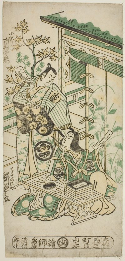 Aktörler Ichimura Uzaemon VIII, Oguri Hangan olarak ve Segawa Kikunojo I, "Mangetsu Oguri Yakata" oyununda Terute no Mae olarak, sekizinci ayda Ichimura Tiyatrosu'nda sahnelendi, 1747 by Torii Kiyonobu II