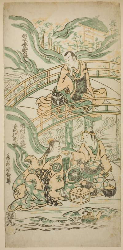 Aktörler Matsumoto Koshiro II, Kumasaka Chohan olarak, Ichimura Kamezo Ise no Saburo olarak ve Sanogawa Ichimatsu I, "Hatsu Tora Kurama Genji" oyununda Ushiwakamaru olarak Ichimura Tiyatrosu