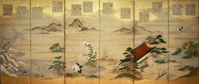 On iki ayın kuşlarını ve çiçeklerini gösteren altı panelli ekran (mürekkep, renk ve kağıt üzerinde altın varak) by Tosa Mitsunari