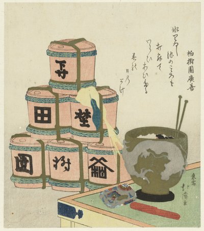 Mangal ve Üstü Üstü Sake Fıçıları by Totoya Hokkei
