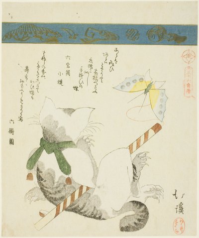 Oyuncak Kelebekle Oynayan Kedi, "Otuz Altı Kuş Resmi (Sanjuroku kinzoku)" serisinden by Totoya Hokkei