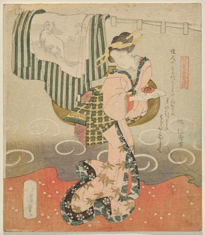 Bir perdenin önünde saki bardağı tutan kadın ve Çiçek Görüntülemek için Beş Yapraktan dökümlü kimono by Totoya Hokkei