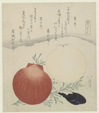 Tatlı su midyesi ve Japon güneş ve ay tarak kabuğu Karasugai tsukihigai (nesnedeki başlık) Bir dizi mermi (dizi başlığı) Kaitsukushi (nesne üzerinde dizi başlığı) by Totoya Hokkei
