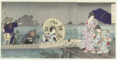 Sumida kıyıları arasındaki bahar Bokutei no watashibune (nesnedeki başlık) by Toyohara Chikanobu