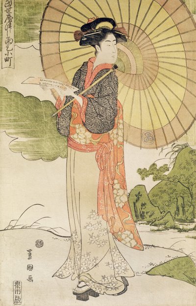 Bir şemsiye ile ayakta duran kadın (renkli tahta baskı) by Toyokuni II