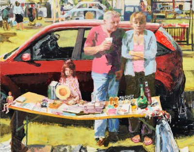 Araba bagajı satışı, 2011 (tahta üzerine yağlıboya) by Trevor Burgess
