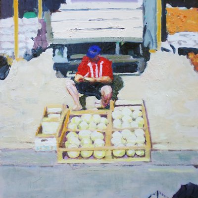 Kavun satan adam (San Juan, Arjantin), 2014 (tahta üzerine yağlıboya) by Trevor Burgess