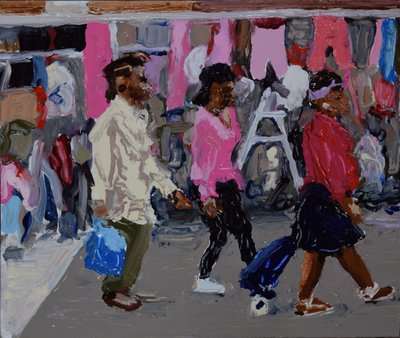 Pazar alışverişçileri (Deptford, Londra), 2018 (tahta üzerine yağlıboya) by Trevor Burgess