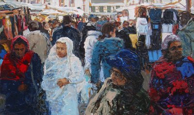 Pazar alışverişçileri (Ridley Road, Londra), 2011 (tuval üzerine yağlıboya) by Trevor Burgess