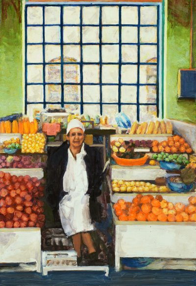 Pazar tezgahı (Quito, Ekvador), 2015 (tahta üzerine yağlıboya) by Trevor Burgess