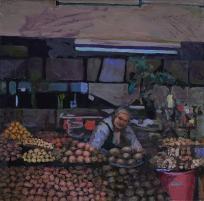 Patates tezgahı (Quito, Ekvador), 2015 (tahta üzerine yağlıboya) by Trevor Burgess