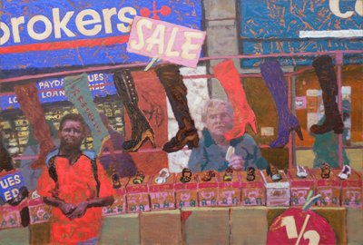 Ayakkabı tezgahı (Deptford, Londra), 2013 (tahta üzerine yağlıboya) by Trevor Burgess