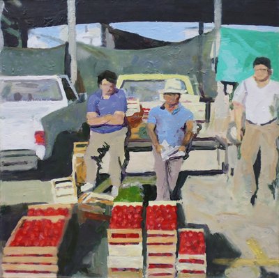 Domates satan üç adam (San Juan, Arjantin), 2014 (tahta üzerine yağlıboya) by Trevor Burgess