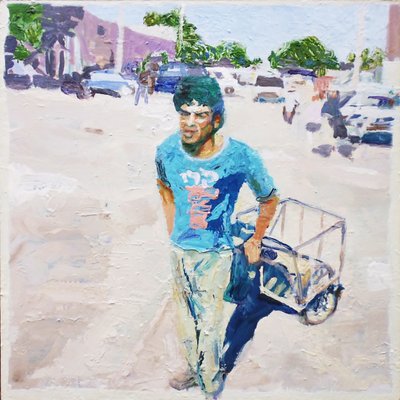 Tramvay adamı (San Juan, Arjantin), 2014 (tahta üzerine yağlıboya) by Trevor Burgess