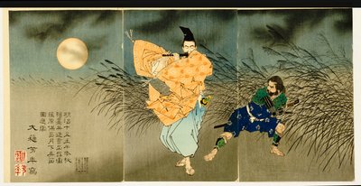 "Fujiwara No Yasumasa Ay Işığında Flüt Çalıyor" Üç Parçalı, 1883 by Tsukioka Yoshitoshi