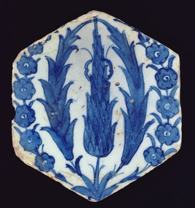 Altıgen İsnik çini, selvi ve budaklı, 1560-70 (renkli sırlı toprak kap) by Turkish School