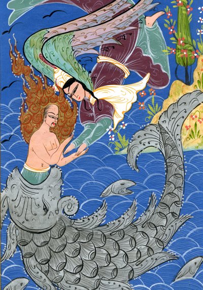 Jonah ve dev balık (kağıt üzerine sulu boya) by Turkish School