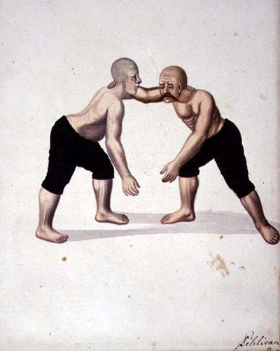 İki Pehlivan, Osmanlı dönemi, 18. yüzyılın üçüncü çeyreği (kağıt üzerine suluboya) by Turkish School