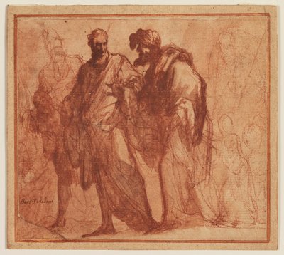 Dört yürüyen adam, muhtemelen Musa ve putti by Ubekendt
