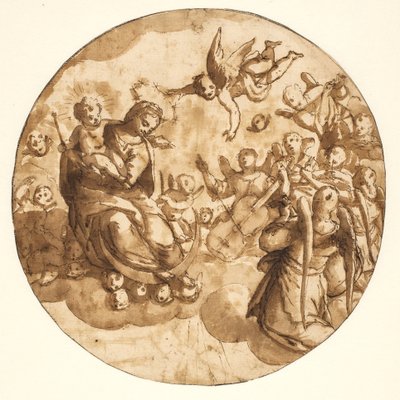 Müzisyen meleklerle çevrili bir bulutun üzerinde oturan Madonna ve Çocuk ile Tondo by Ubekendt Ubekendt