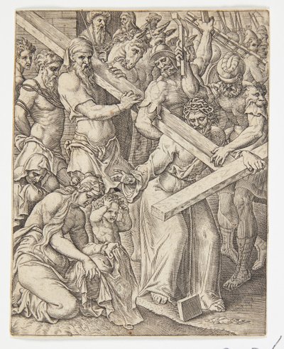 İsa, haçı ve Veronica'nın giysisinin mucizesini taşıyor by Ubekendt efter Dirck Volckertsz. Coornhert efter Maarten van Heemskerck
