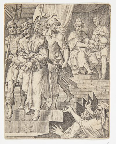 Pilatus ellerini yıkıyor by Ubekendt efter Dirck Volckertsz. Coornhert efter Maarten van Heemskerck